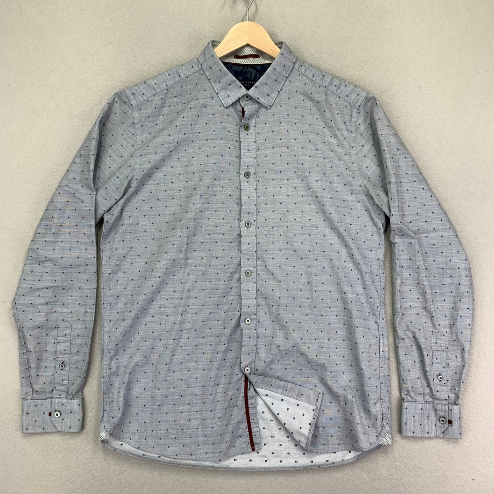 Ted Baker Oxford Shirt Mens 5 (Large) Grey/Blue Monogram Long Sleeve Woven Work